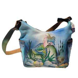 Anuschka Shoulder Bag Leather Crossbody Bag Hand-Painted Mermaid Motif Bag-NEW